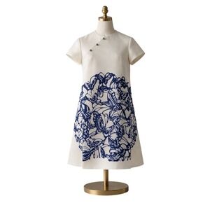 Shanghai Tang Qipao Dress White Blue Butterfly Silk Blend Shift Sz 4 Jadite